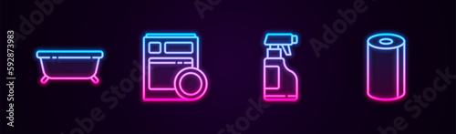 Set line Bathtub, Kitchen dishwasher machine, Spray bottle with detergent liquid and Paper towel roll. Glowing neon icon. Vector