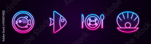 Set line Puffer fish on a plate, Fish, Served crab and Shell with pearl. Glowing neon icon. Vector