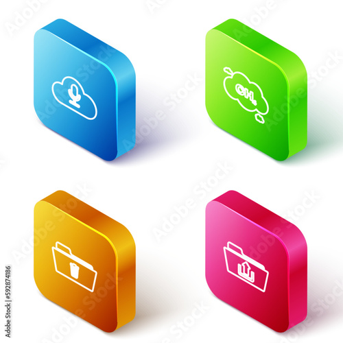 Set Isometric line Music streaming service, Methane emissions reduction, Delete folder and Folder upload icon. Vector