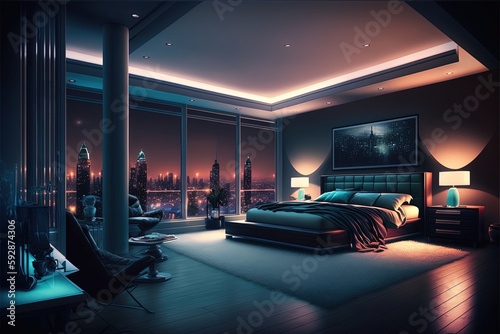 Modern bedroom. Realism, colorful, apartment, hotel, windows overlooking the metropolis. Illustration. AI