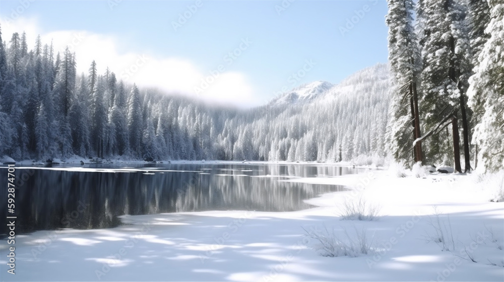 snow covered mountains and frozen lake with forest snow covered mountains and frozen lake with forest