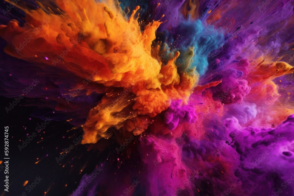 Colorful wallpaper with splashes and smoke puff cloud design elements on a dark background - generative ai