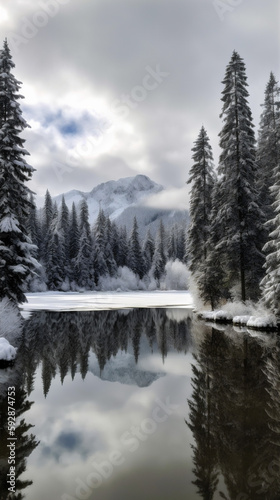 snow covered mountains and frozen lake with forest