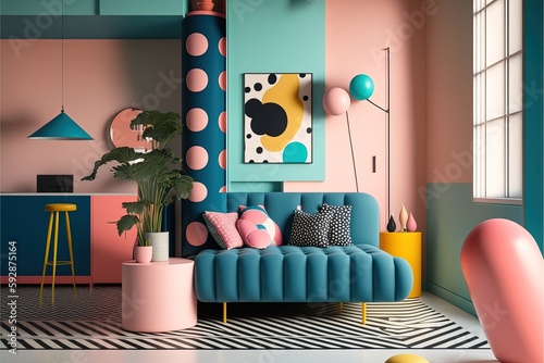 Memphis style room. Realism, colorful, living room, composition. Illustration. AI