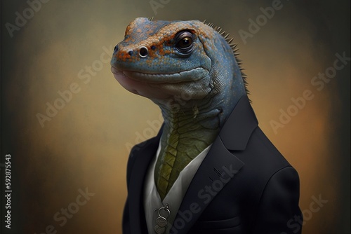 Salamander in a business suit. Realistic  colorful  formal wear. Illustration. AI