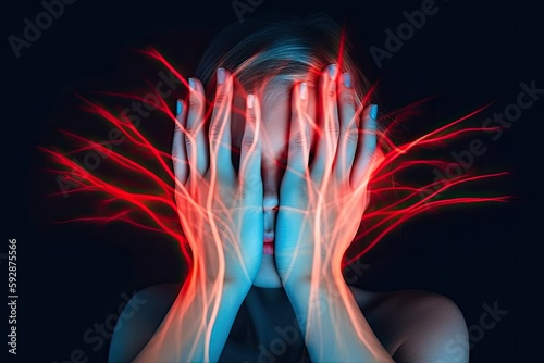 Female dream abstract illustration, nightmare, neon lights, hands covering face - generative ai