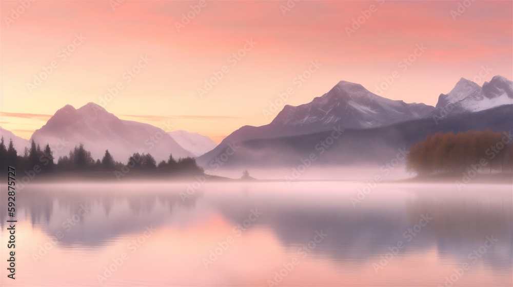 sunrise over the misty lake