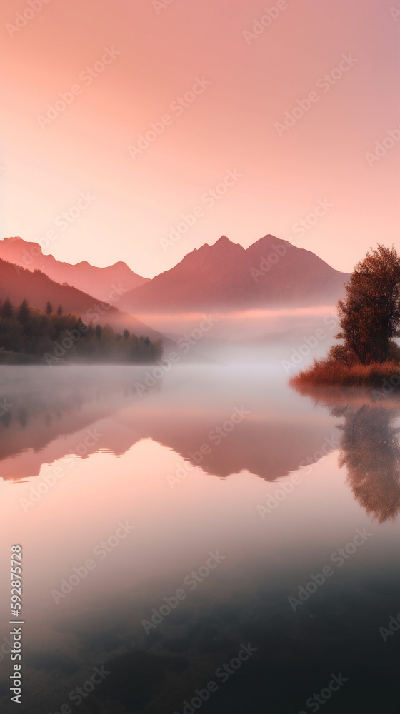 sunrise over the misty lake