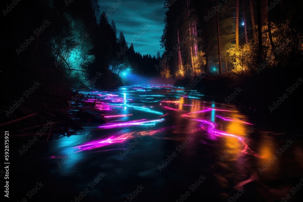 River canal passing through the city with multicolored neon lights at night - generative ai