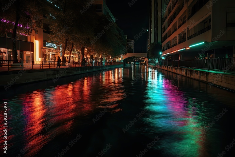 River canal passing through the city with multicolored neon lights at night - generative ai