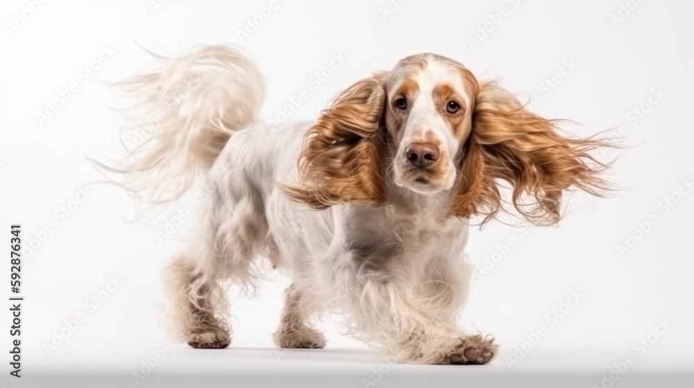 純粋な若さに夢中。イングリッシュ・コッカー・スパニエルの若い犬がポーズをとっています。かわいい遊び心のある白毛の犬やペットが遊んでいて、白い背景で孤立して幸せそうにしています。運動、アクション、動きの概念