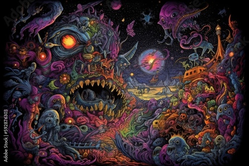 Slika na platnu Psychedelic illustration of a nightmare with strange creatures and figures, cosm
