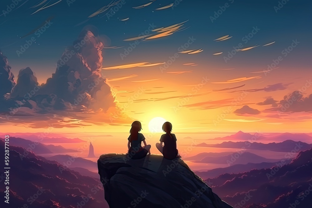 Two friends sitting on a cliff and looking at the mountains and the sunset, fantasy, anime - generative ai	