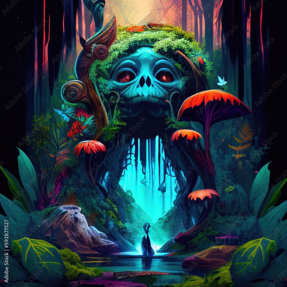 Fototapeta premium A virtual world within a fantasy landscape in the rainforest. Backdrop, background design of jungle, spiritual and magical science fiction and tribal psychedelic, trippy environment. Generative AI