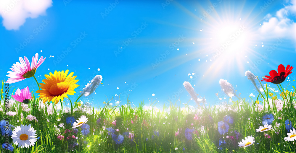 blooming spring flowers on field meadow against blue sky in summer. Generative AI illustration