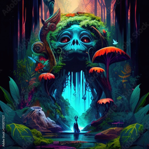 A virtual world within a fantasy landscape in the rainforest. Backdrop, background design of jungle, spiritual and magical science fiction and tribal psychedelic, trippy environment. Generative AI