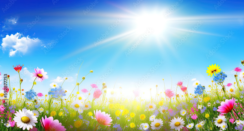 blooming spring flowers on field meadow against blue sky in summer. Generative AI illustration