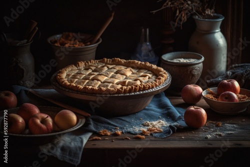 American apple-pie still life food setting, ai generative photo