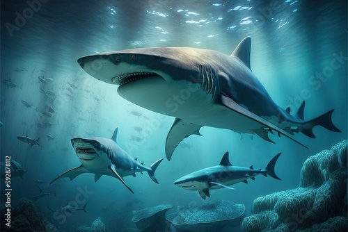 A flock of sharks. Realistic  grey  marine predators  ocean. Illustration. AI