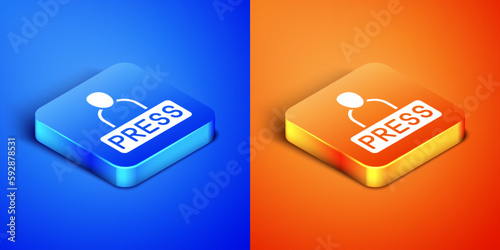 Isometric Journalist news reporter icon isolated on blue and orange background. Square button. Vector