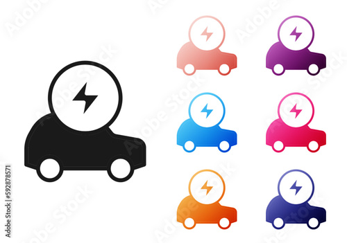 Black Electric car and electrical cable plug charging icon isolated on white background. Renewable eco technologies. Set icons colorful. Vector