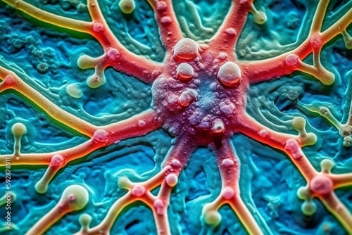 Bacteria microscope health concept. Experimental science lab macro photography illustration by GenerativeAI photo