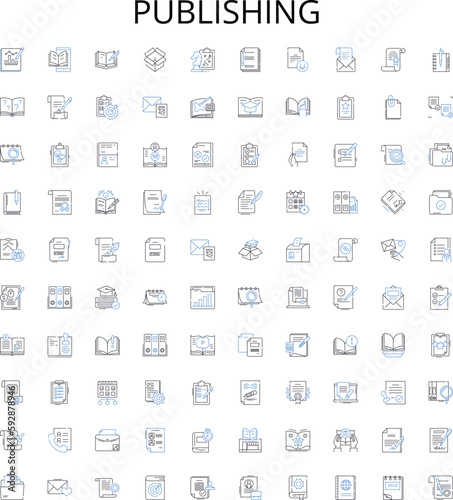 Publishing outline icons collection. Printing, Distribution, Authoring, Editing, Subscribing, Merchandising, Marketing vector illustration set. Promoting, Submitting, Illustrating linear signs
