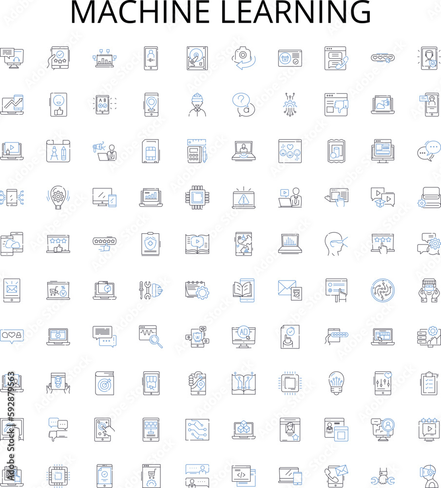 machine learning outline icons collection. machine, learning, AI, neural, networks, algorithm, data vector illustration set. prediction,supervised,unsupervised linear signs machine learning outline icons collection. machine, learning, AI, neural, networks, algorithm, data vector illustration set. prediction,supervised,unsupervised linear signs