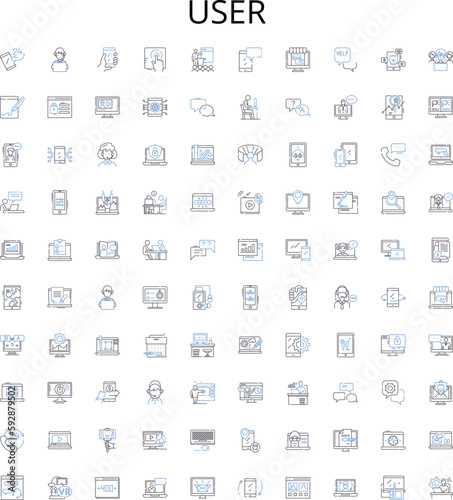 User outline icons collection. User, Profiles, Audience, Customers, Consumers, Visitors, Clients vector illustration set. Individuals, Buyers, Subscribers linear signs