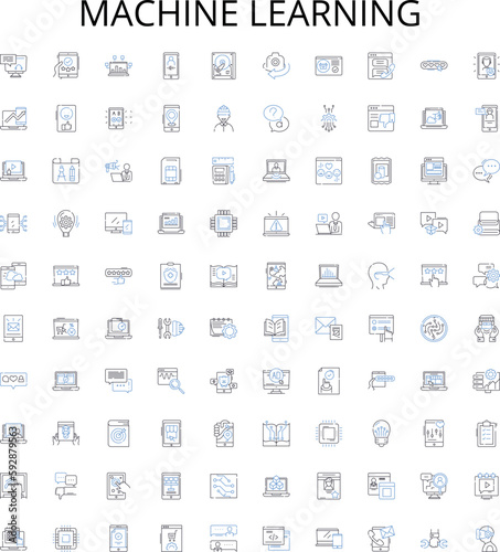machine learning outline icons collection. machine, learning, AI, neural, networks, algorithm, data vector illustration set. prediction,supervised,unsupervised linear signs