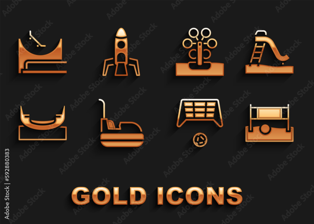 Set Bumper car, Kid slide, Volleyball net with ball, Soccer goal, Boat swing, Ferris wheel, Skate park and Rocket ship icon. Vector Set Bumper car, Kid slide, Volleyball net with ball, Soccer goal, Boat swing, Ferris wheel, Skate park and Rocket ship icon. Vector