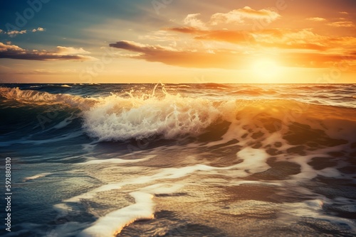 Sunset over ocean waves at sea with splashing water, ai generated, Generative AI