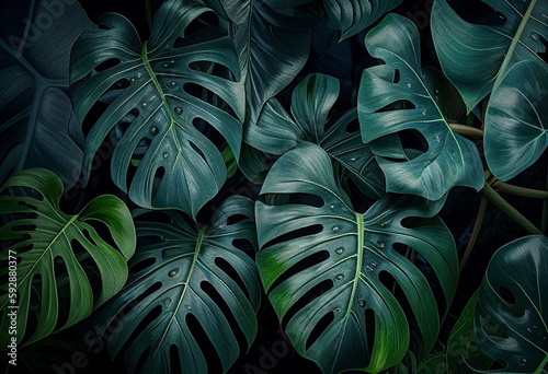 Plant Wall  Monstera deliciosa   Wallpaper   Background   Green image   Leaves   Flowers   Vegetation   Vegetal Wall   Generative AI 