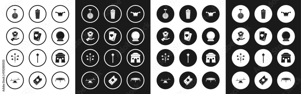 Set Jester hat with bells, Playing card, Hand holding playing cards, Unicycle or one wheel bicycle, Magic ball, Popcorn cardboard box, Circus tent and Fireworks icon. Vector Set Jester hat with bells, Playing card, Hand holding playing cards, Unicycle or one wheel bicycle, Magic ball, Popcorn cardboard box, Circus tent and Fireworks icon. Vector