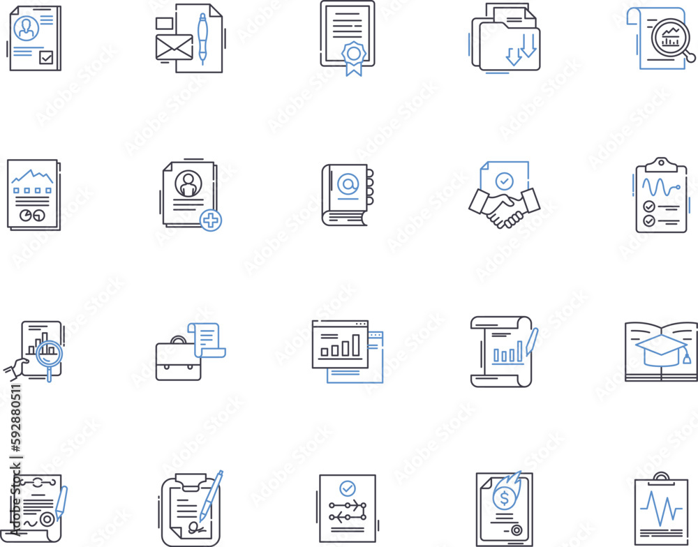 Reports outline icons collection. Reports, Document, Publication, Record, Analysis, Summary, Logs vector and illustration concept set. Findings, Investigations, Surveys linear signs Reports outline icons collection. Reports, Document, Publication, Record, Analysis, Summary, Logs vector and illustration concept set. Findings, Investigations, Surveys linear signs