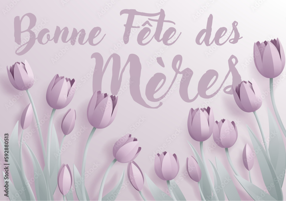 French Happy Mothers Day Bonne Fete Des Meres paper craft or paper cut origami style floral tulip flowers design. With lilac tulips background corner frame design elements.