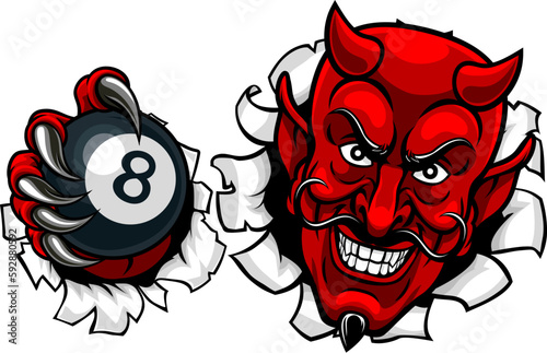 A devil angry mean pool billiards mascot cartoon character holding a black 8 ball.