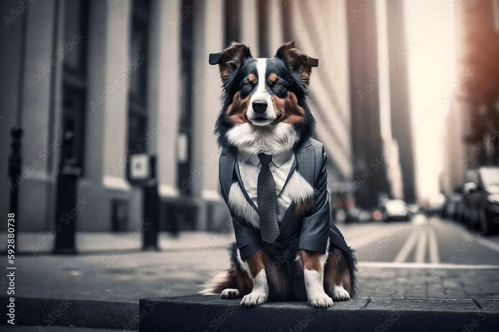 Illustration of a dog wearing a business suit for a stock market creative concept, Generative Ai