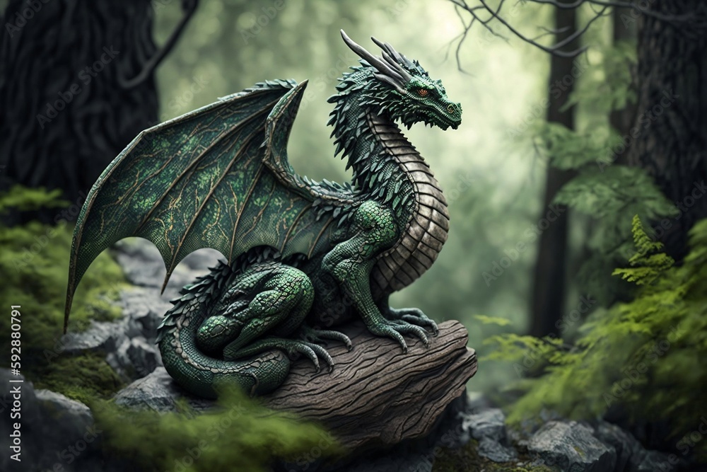 Illustration of a dragon in forest, mountain landscape created with Generative AI technology