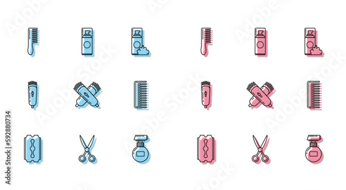 Set line Blade razor, Scissors hairdresser, Hairbrush, Cream lotion cosmetic tube, Crossed electrical clipper shaver, Electrical and Shaving gel foam icon. Vector
