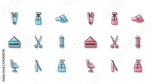 Set line Barbershop chair, Straight razor, Curling iron for, Aftershave, Scissors hairdresser, Classic pole, and Cream lotion cosmetic tube icon. Vector