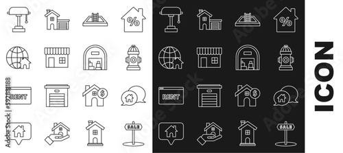 Set line Hanging sign with text Sale, House building speech bubble, Fire hydrant, Swimming pool ladder, Shopping or market store, Globe house symbol, Table lamp and Warehouse icon. Vector