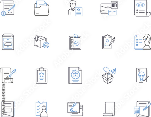 Folders and files outline icons collection. Folders, Files, Organize, Directory, Sort, Backup, Delete vector and illustration concept set. Search, Label, Unzip linear signs photo