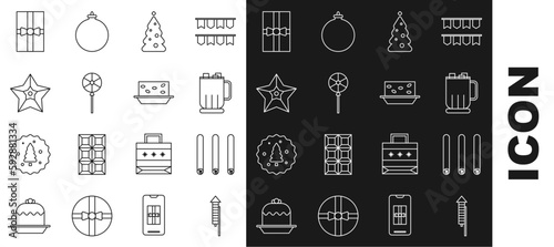 Set line Firework rocket, Three rolled sticks of cinnamon, Hot chocolate cup with marshmallows, Christmas tree decorations, Lollipop, star, Gift box and Nougat nuts icon. Vector