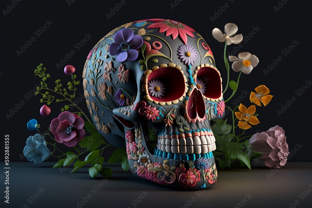 Illustration of a skull decorated with colorful flowers created with Generative AI technology