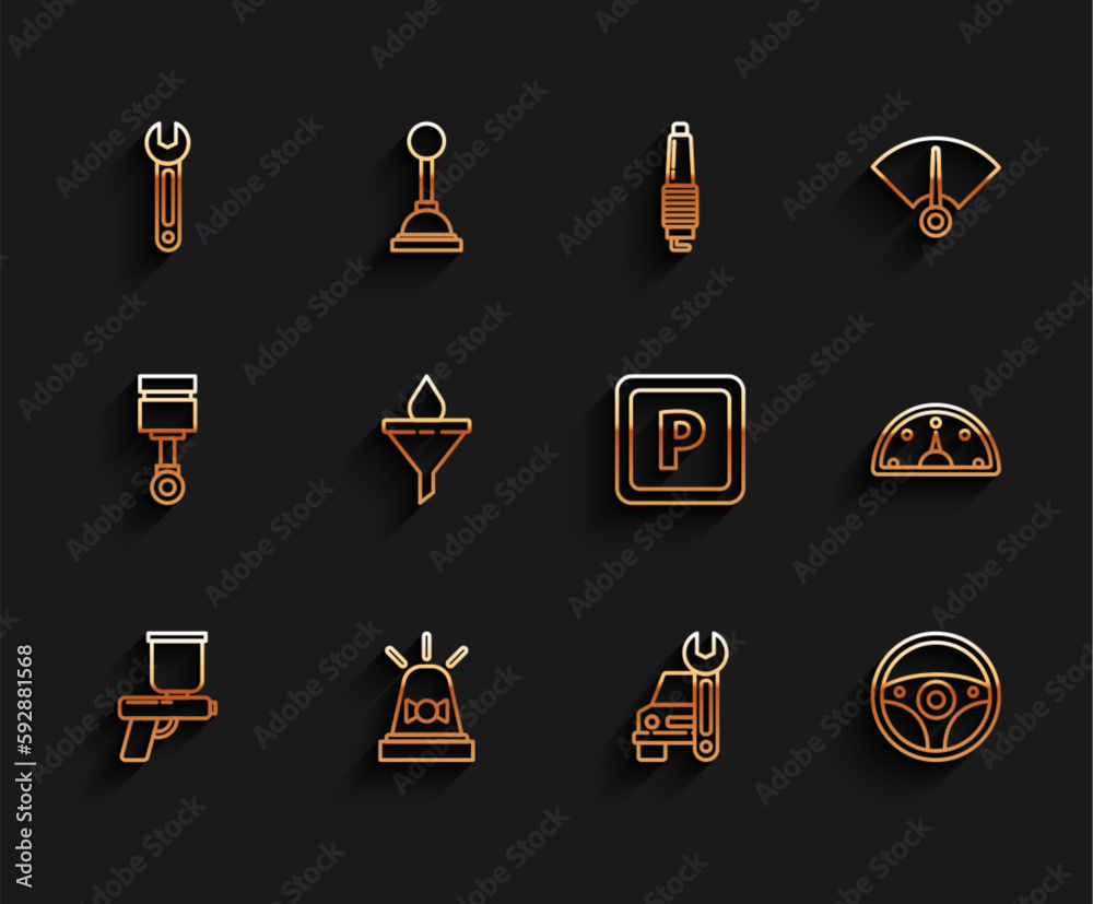 Set line Paint spray gun, Flasher siren, Wrench, Car service, Steering wheel, Funnel or filter and motor oil drop, Speedometer and Parking icon. Vector Set line Paint spray gun, Flasher siren, Wrench, Car service, Steering wheel, Funnel or filter and motor oil drop, Speedometer and Parking icon. Vector