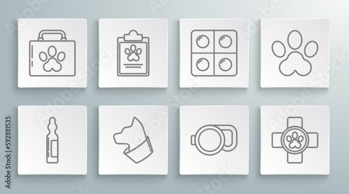 Set line Pets vial medical, Clipboard with clinical record pet, Cat, Retractable leash, Veterinary symbol, Dog and pills, Paw print and first aid kit icon. Vector