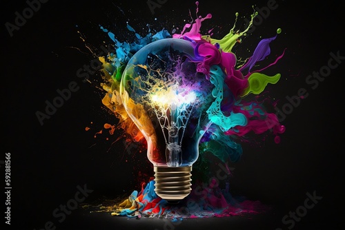 Illustration of a Light Bulb with Colorful Paint Splashes, Generative Ai