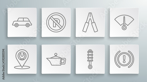 Set line Car service, No Parking or stopping, Canister for motor machine oil, Shock absorber, Brake system warning, battery jumper power cable, Speedometer and icon. Vector