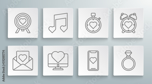 Set line Envelope with heart, Music note, tone hearts, Computer monitor, Mobile phone, Wedding rings, Heart the center stopwatch, alarm clock and of darts target aim icon. Vector